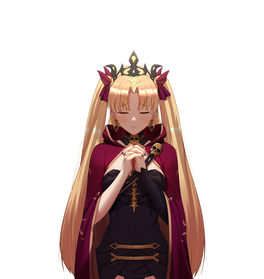 1girl absurdres black_dress black_headwear black_nails blonde_hair breasts cape commentary_request dress earrings ereshkigal_(fate/grand_order) fate/grand_order fate_(series) hair_ribbon hands_clasped highres jewelry light_blush long_hair lulin_lu_ying medium_breasts nail_polish own_hands_together red_cape red_ribbon ribbon simple_background single_sleeve skull solo spine tiara two_side_up very_long_hair white_background