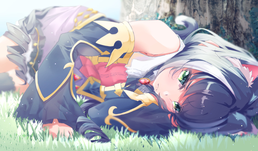 1girl animal_ear_fluff animal_ears black_hair blush cat_ears cat_tail closed_mouth commentary_request detached_sleeves grass green_eyes highres kyaru_(princess_connect) long_hair lying multicolored_hair murata_ryou on_side princess_connect! princess_connect!_re:dive solo streaked_hair tail white_hair