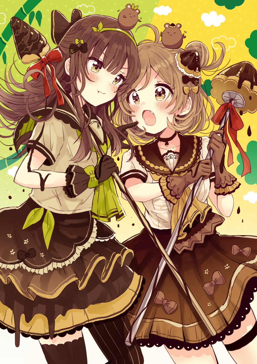 2girls :i :o absurdres bangs black_choker black_legwear black_sailor_collar blush brown_eyes brown_gloves brown_hair cheek_poking choker closed_mouth collarbone commentary_request cowboy_shot eyebrows_visible_through_hair fang gloves highres holding holding_staff kinoko_no_yama layered_skirt long_hair multiple_girls open_mouth original poking pout sailor_collar sakura_oriko school_uniform serafuku shirt short_sleeves skirt staff takenoko_no_sato_(food) thigh-highs white_shirt yellow_neckwear