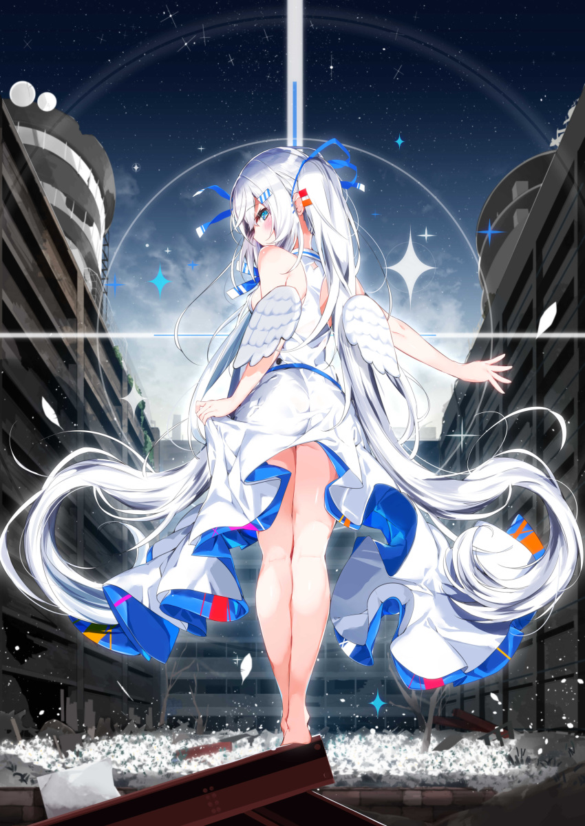 1girl absurdres angel_wings bangs bare_arms bare_shoulders bare_tree barefoot blue_eyes blue_ribbon blue_sky blush breasts building clouds commentary_request day dress eyebrows_visible_through_hair feathered_wings from_behind hair_between_eyes hair_ornament hair_ribbon hairclip highres kamioka_shun'ya long_hair looking_at_viewer looking_back mini_wings original outdoors profile ribbon ruins sideboob silver_hair sky sleeveless sleeveless_dress small_breasts solo standing star_(sky) starry_sky steel_beam tree twintails very_long_hair white_dress white_wings wings