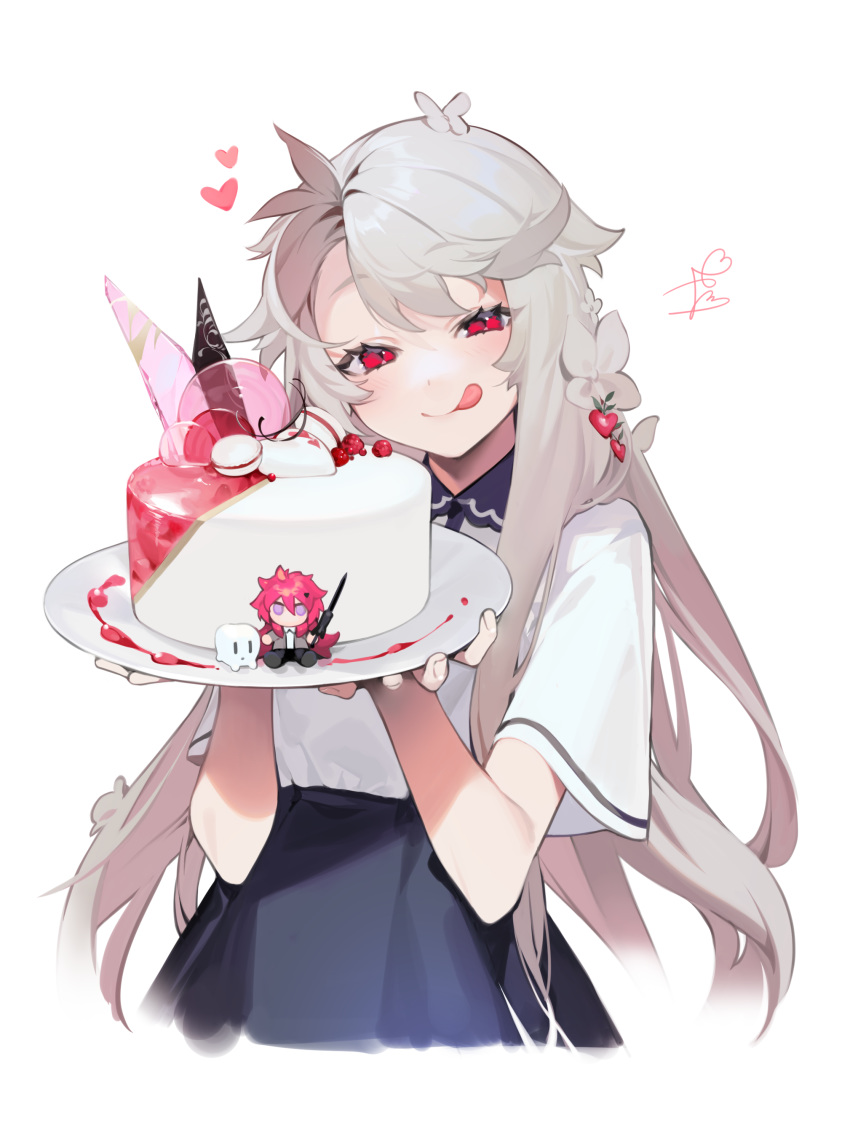 1girl absurdres black_skirt blush cake closed_mouth eyebrows_visible_through_hair food grey_hair heart herme_(ohisashiburi) highres holding holding_plate long_hair looking_at_viewer ohisashiburi original plate red_eyes short_sleeves skirt smile solo tongue tongue_out very_long_hair