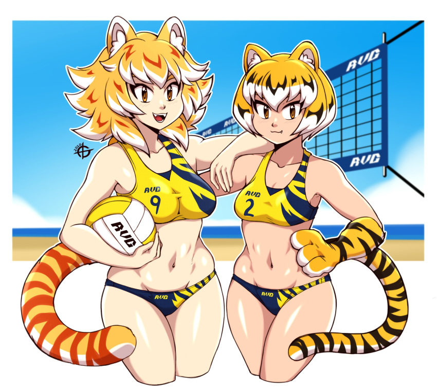 2girls animal_ears ball black_hair blush closed_mouth eyebrows_visible_through_hair fang highres holding holding_ball looking_at_viewer multicolored_hair multiple_girls navel open_mouth orange_hair original short_hair smile taggo tail tan tiger_ears tiger_tail volleyball volleyball_net white_hair