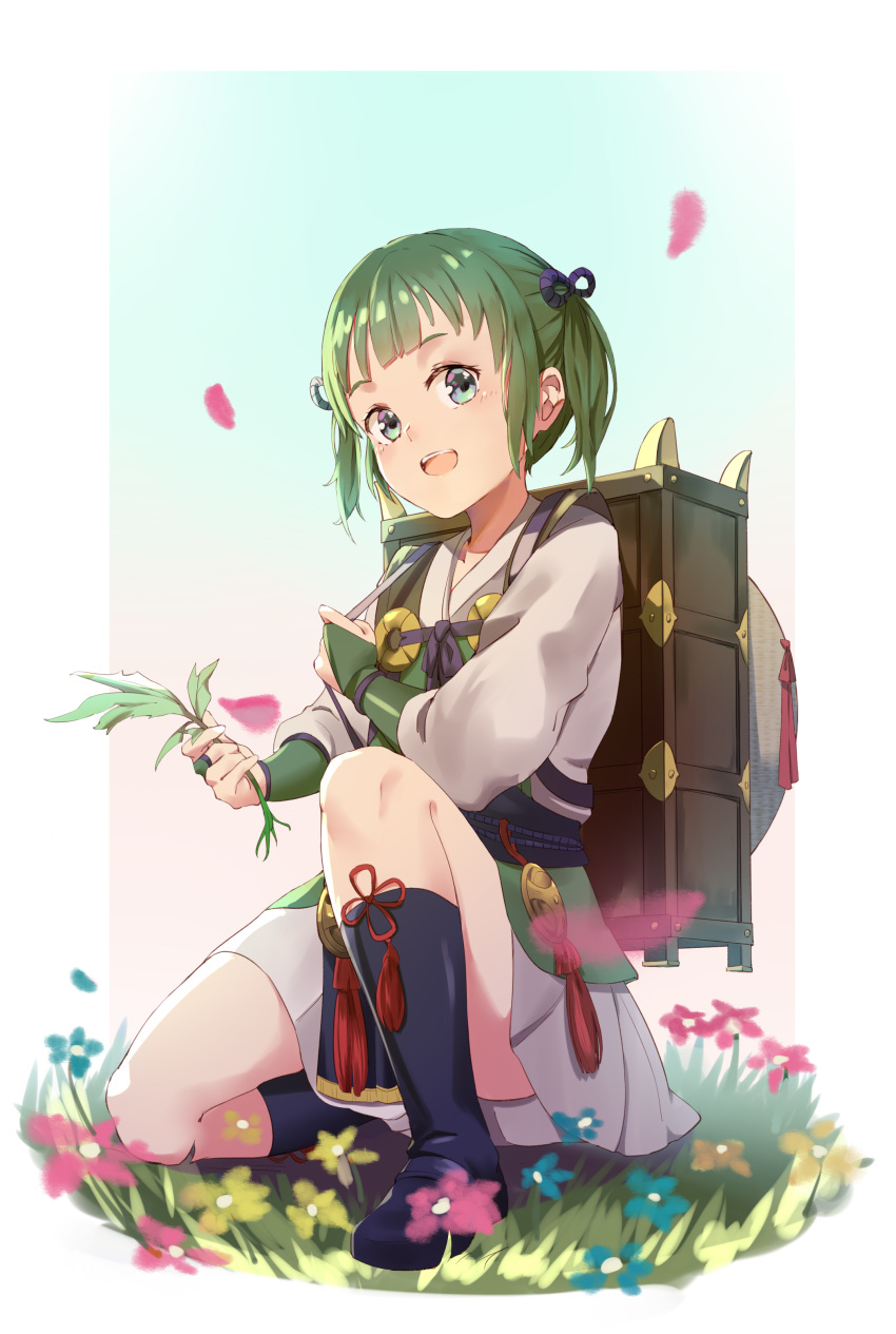 1girl :d absurdres bangs black_footwear black_legwear blue_eyes blue_flower blush bridal_gauntlets brown_footwear commentary_request fire_emblem fire_emblem_fates flower green_hair highres japanese_clothes kimono kneehighs loafers long_sleeves looking_at_viewer midori_(fire_emblem) migimura_sakimori obi one_knee open_mouth petals pleated_skirt red_flower sash shoes skirt smile solo twintails upper_teeth white_kimono white_skirt yellow_flower