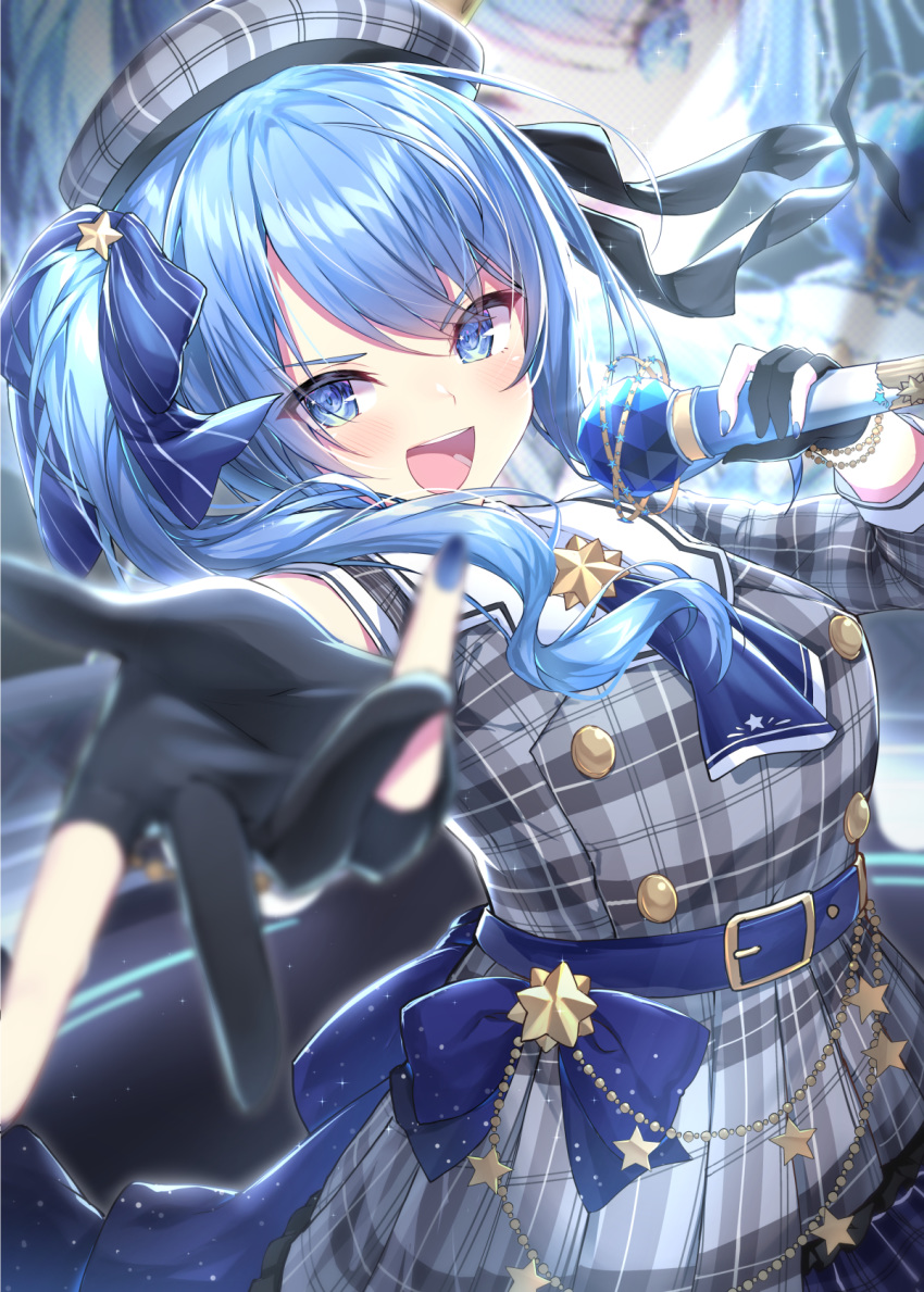 1girl bangs belt beret black_choker black_gloves blue_belt blue_bow blue_eyes blue_hair blue_neckwear blush bow breasts choker dress eyebrows_visible_through_hair fingernails gloves grey_dress grey_headwear hat highres holding holding_microphone hololive hoshimachi_suisei looking_at_viewer medium_hair microphone necktie one_side_up open_mouth plaid plaid_dress plaid_hat short_necktie side_ponytail smile solo stage stage_lights star striped striped_bow tongue topia upper_teeth virtual_youtuber