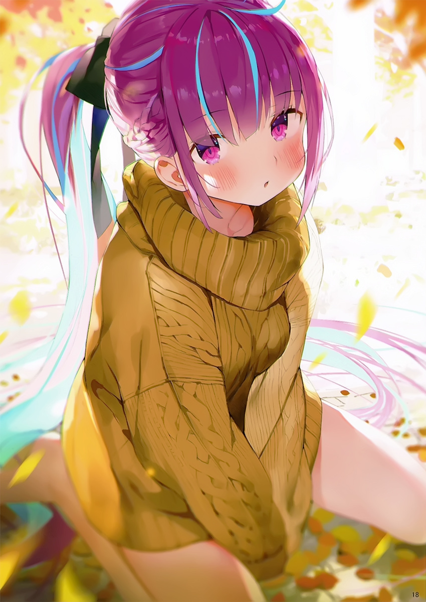 1girl absurdres ahoge bangs blue_hair blurry blurry_background blush braid dress eyebrows_visible_through_hair highres hololive long_hair long_sleeves looking_at_viewer matsui_hiroaki minato_aqua multicolored_hair page_number parted_lips ponytail purple_hair ribbed_sweater scan shiny shiny_hair simple_background sitting solo sweater sweater_dress tied_hair violet_eyes wariza