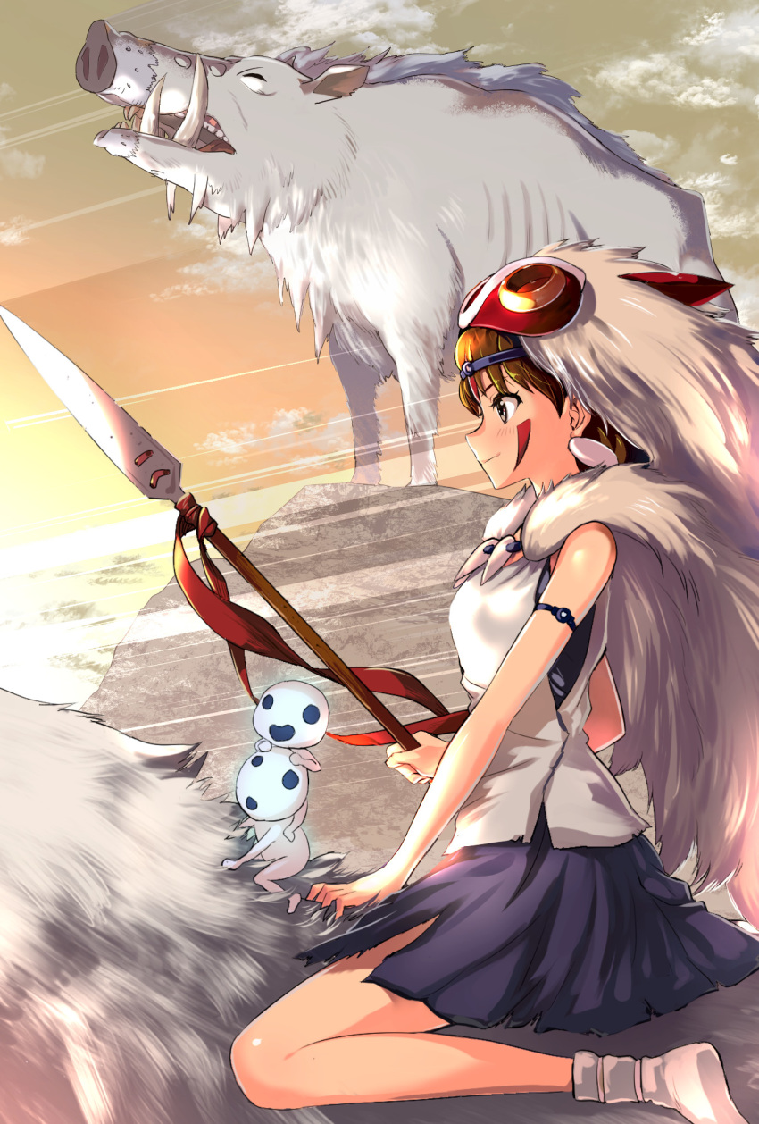 1girl animal bare_arms boar breasts brown_eyes brown_hair closed_mouth earrings facepaint facial_mark fur headband highres jewelry mask mononoke_hime necklace puca-rasu san short_hair smile tooth_necklace wolf
