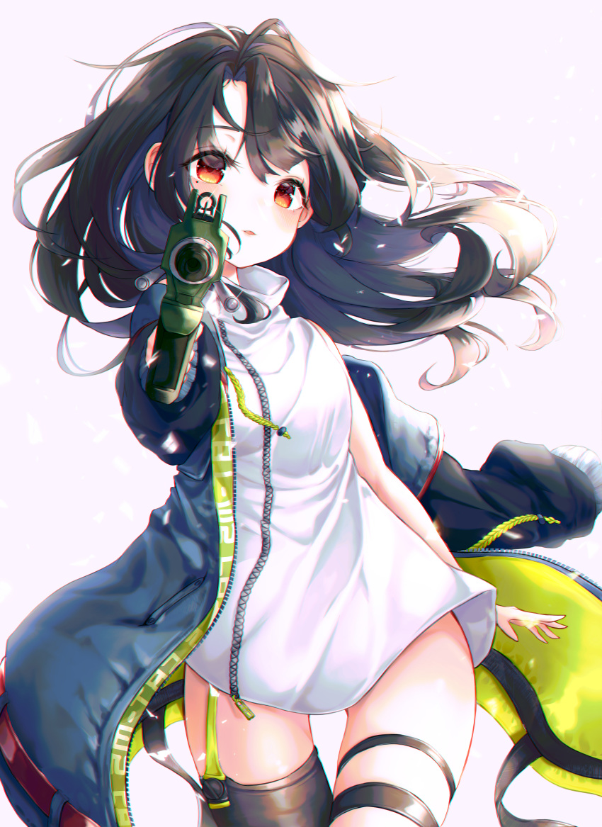 1girl absurdres aiming_at_viewer bangs bare_arms bare_shoulders bbeedol black_hair black_legwear blue_jacket c-ms_(girls_frontline) cbj-ms commentary drawstring dress floating_hair girls_frontline gun hair_between_eyes highres holding holding_gun holding_weapon huge_filesize jacket long_hair long_sleeves looking_at_viewer open_clothes open_jacket parted_lips pink_background puffy_long_sleeves puffy_sleeves red_eyes single_thighhigh sleeveless sleeveless_dress solo thigh-highs weapon white_dress