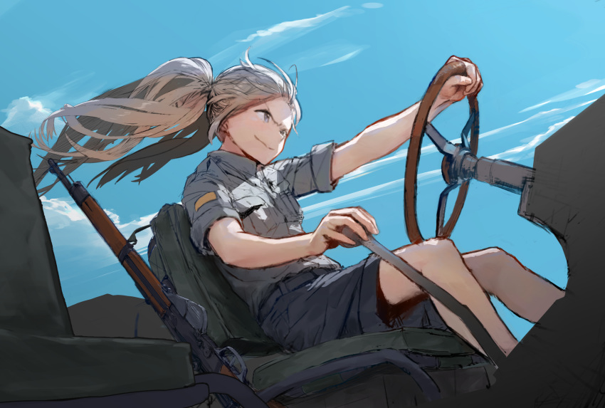 1girl blonde_hair blue_eyes blue_sky closed_mouth day driving grey_jacket grey_shorts grin gun highres jacket original ponytail rifle short_sleeves shorts sitting sky smile solo steering_wheel treeware weapon