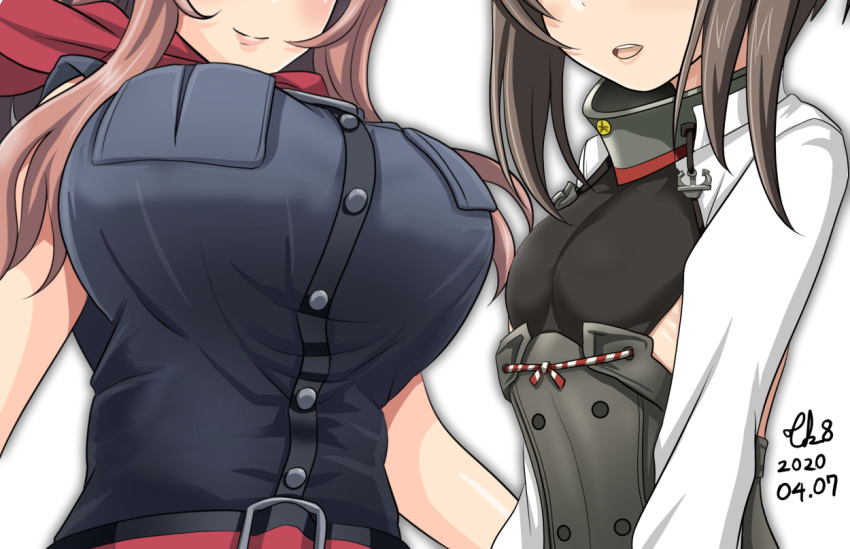 2girls anchor belt black_dress breast_pocket breasts brown_hair corset dated dress flat_chest head_out_of_frame kantai_collection large_breasts lips looking_at_viewer multiple_girls pocket saratoga_(kantai_collection) short_hair signature simple_background size_difference taihou_(kantai_collection) tk8d32 white_background