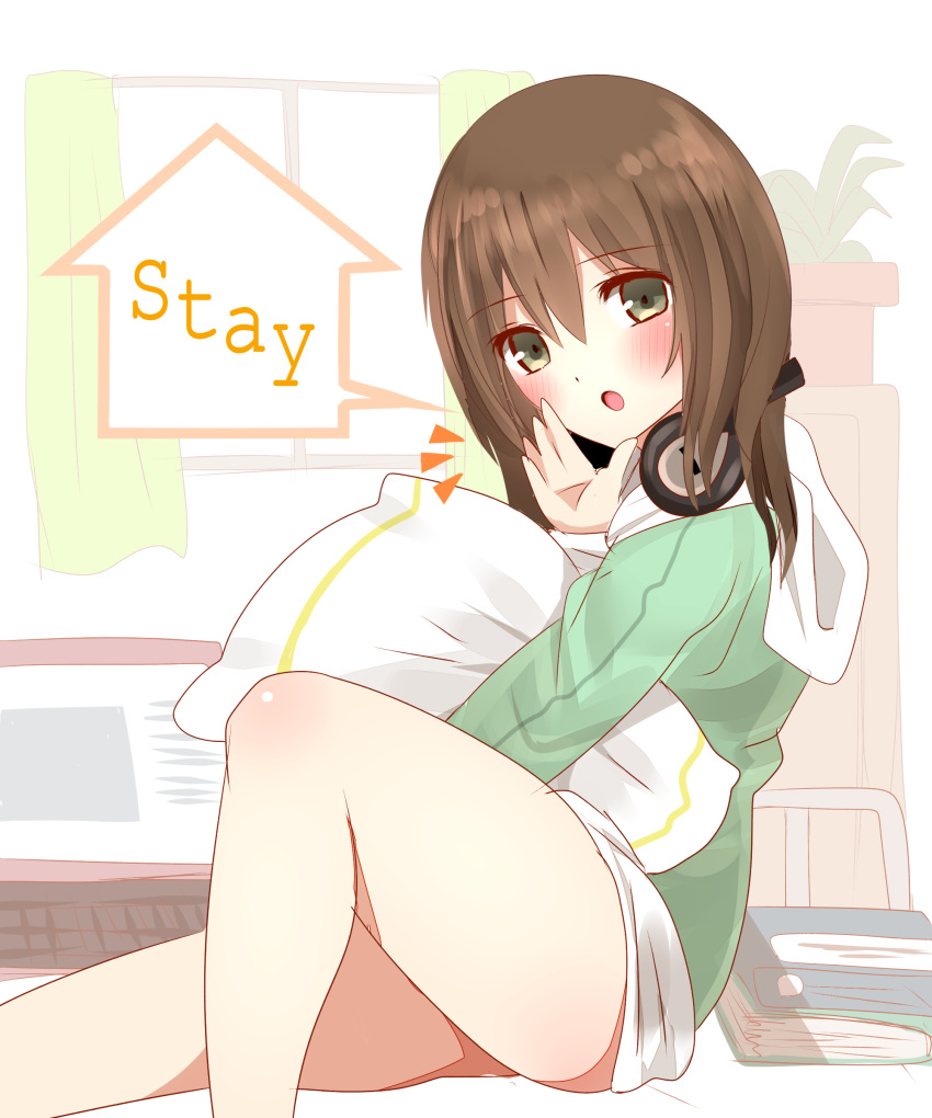 1girl :o absurdres bangs blush brown_eyes brown_hair commentary_request curtains english_text eyebrows_visible_through_hair feet_out_of_frame from_side green_hoodie hair_between_eyes hand_up headphones headphones_around_neck highres hood hood_down hoodie indoors knee_up lap_pillow long_hair long_sleeves looking_at_viewer looking_to_the_side non_(wednesday-classic) open_mouth original pillow pillow_hug plant potted_plant sitting solo window