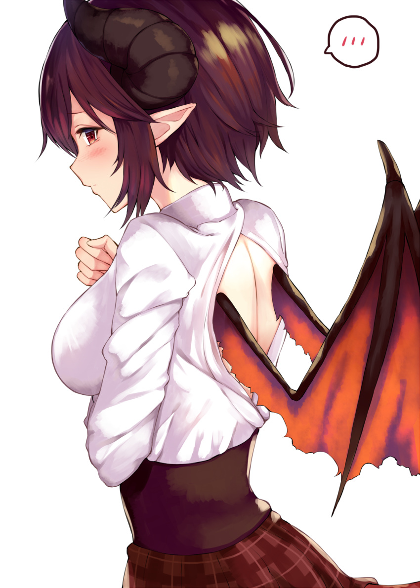 1girl backless_outfit breasts commentary_request dragon_girl dragon_horns dragon_wings grea_(shingeki_no_bahamut) highres horns large_breasts looking_at_viewer looking_back manaria_friends plaid plaid_skirt pointy_ears purple_hair red_eyes shingeki_no_bahamut shirt short_hair simple_background skirt solo speech_bubble spoken_blush tail white_background white_shirt wings yamato_(muchuu_paradigm)