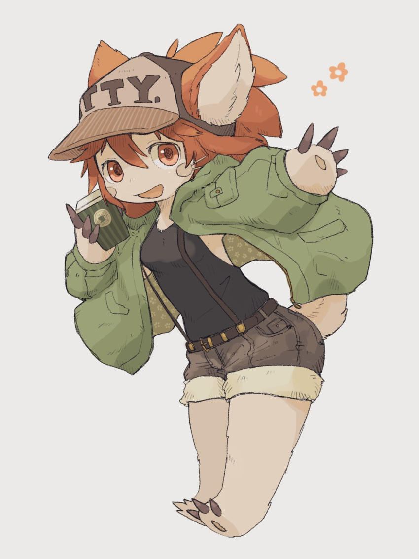 1girl alternate_costume animal_ears barefoot black_shirt casual coat cup full_body furry green_coat hat highres holding holding_cup kawasemi27 long_sleeves looking_at_viewer made_in_abyss medium_hair mitty_(made_in_abyss)_(furry) open_mouth red_eyes redhead shirt shorts smile solo suspender_shorts suspenders tail whiskers