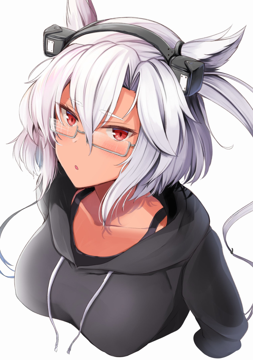 1girl black_hoodie bra_strap breasts collarbone cropped_torso dark_skin from_above glasses hair_flaps headgear highres hood hoodie kantai_collection large_breasts long_hair looking_at_viewer musashi_(kantai_collection) red_eyes remodel_(kantai_collection) silver_hair simple_background solo twintails white_background yunamaro