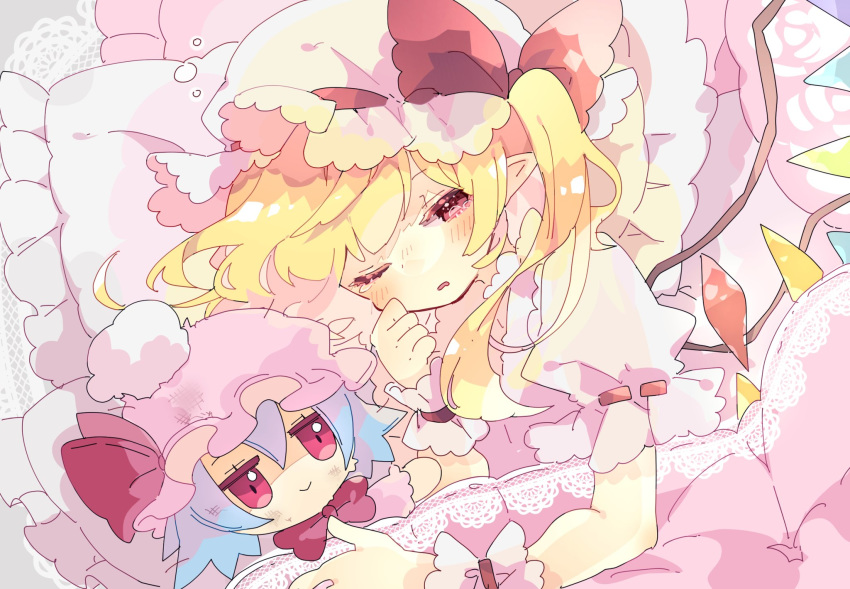 1girl blonde_hair bow character_doll commentary_request crystal damaged flandre_scarlet frills hat hat_bow highres long_hair lying mob_cap nikorashi-ka on_side one_eye_closed pillow red_bow red_eyes short_sleeves side_ponytail solo stuffing touhou under_covers upper_body wings wrist_cuffs