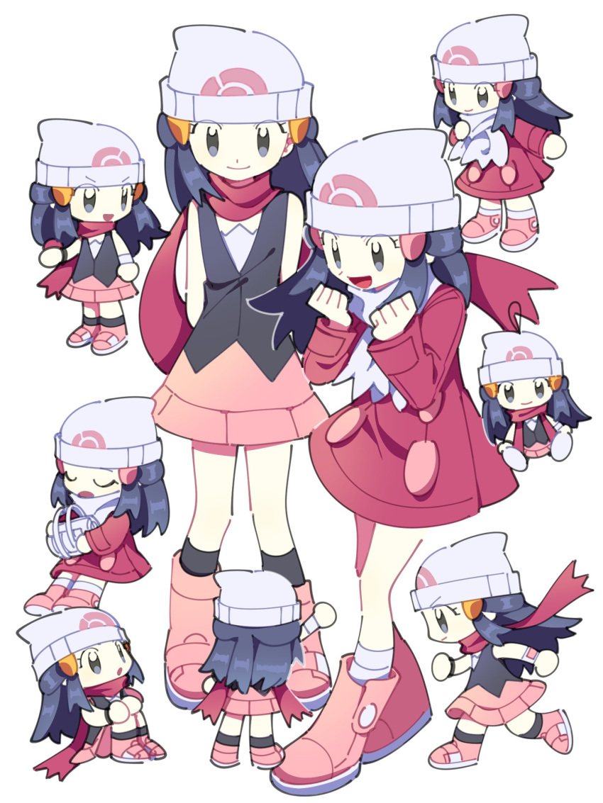 black_eyes chibi commentary_request dawnlover_01 highres hikari_(pokemon) korean_text looking_at_viewer multiple_persona pink_footwear pokemon pokemon_(game) pokemon_dppt pokemon_platinum red_scarf scarf smile translation_request white_scarf winter_clothes