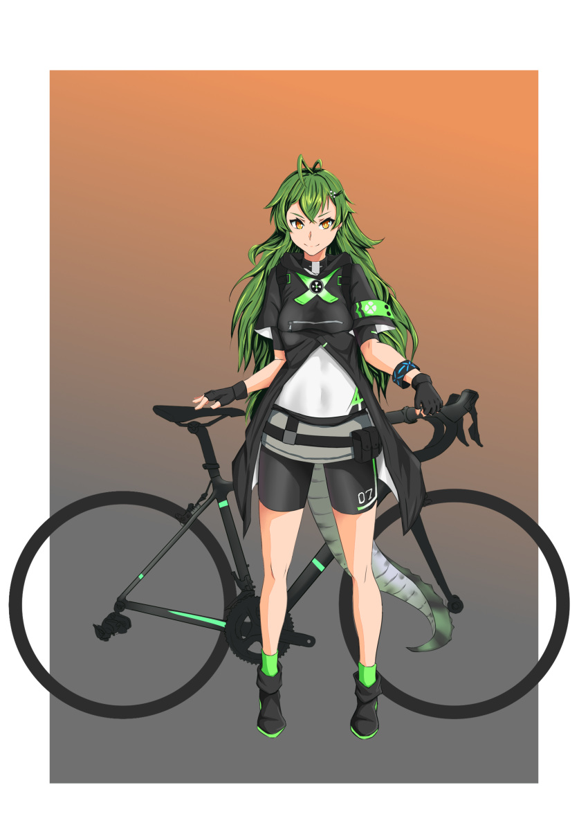 1girl absurdres arknights bicycle crocodile_tail gavial_(arknights) green_hair ground_vehicle highres long_hair ooip123 road_bicycle solo tail yellow_eyes