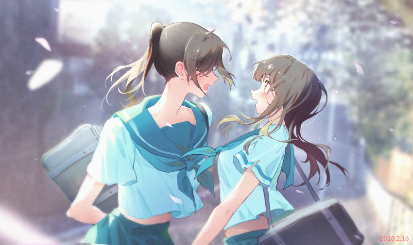 2girls absurdres arms_behind_back bag blue_skirt blurry blurry_background blush breasts brown_hair commentary cowboy_shot dated day eyelashes face-to-face hair_over_eyes hibike!_euphonium highres jira kasaki_nozomi kyoto_animation liz_to_aoi_tori medium_breasts medium_hair midriff multiple_girls open_mouth outdoors petals ponytail profile red_eyes road sailor_collar school_uniform serafuku shirt short_sleeves shoulder_bag skirt sunlight takarajimasha tree white_shirt wind yoroizuka_mizore yuri