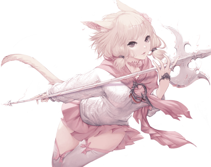 1girl animal_ears axe battle_axe black_eyes bow bow_legwear cat_ears cat_girl cat_tail final_fantasy final_fantasy_xiv flower holding holding_axe jewelry long_sleeves looking_at_viewer low_twintails miniskirt miqo'te mmmegh parted_lips pink_bow pink_flower pink_hair pink_legwear pink_neckwear pink_sailor_collar pink_skirt pleated_skirt ring sailor_collar school_uniform serafuku short_hair short_twintails skirt skirt_lift solo sweater tail thigh-highs twintails weapon white_background white_sweater wind wind_lift