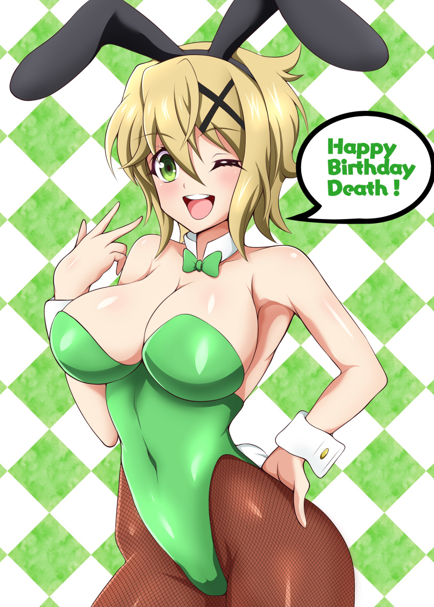 1girl absurdres akatsuki_kirika animal_ears blonde_hair blush bow bowtie breasts bunny_girl bunnysuit covered_navel detached_collar fake_animal_ears fishnet_legwear fishnets gdgdxd96 green_eyes green_leotard hair_ornament happy_birthday highres large_breasts leotard pantyhose rabbit_ears senki_zesshou_symphogear shiny shiny_hair shiny_skin short_hair smile solo standing strapless strapless_leotard wrist_cuffs x_hair_ornament