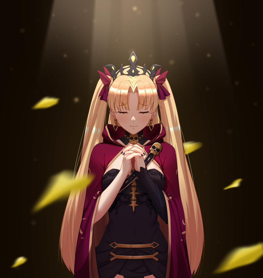 1girl absurdres black_dress black_headwear black_nails blonde_hair breasts cape commentary_request dress earrings ereshkigal_(fate/grand_order) fate/grand_order fate_(series) hair_ribbon hands_clasped highres jewelry light_blush light_rays long_hair lulin_lu_ying medium_breasts nail_polish own_hands_together petals red_cape red_ribbon ribbon single_sleeve skull solo spine tiara two_side_up very_long_hair