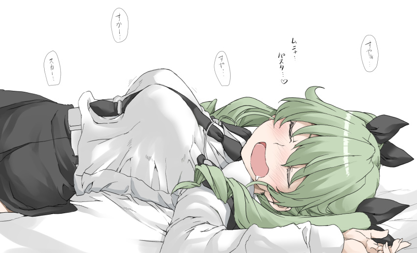 1girl anchovy_(girls_und_panzer) anzio_school_uniform bangs between_breasts breasts closed_eyes drill_hair drooling elf_(stroll_in_the_woods) girls_und_panzer green_hair hair_ribbon highres long_hair long_sleeves necktie necktie_between_breasts open_mouth ribbon school_uniform simple_background sleeping solo translation_request twin_drills twintails white_background