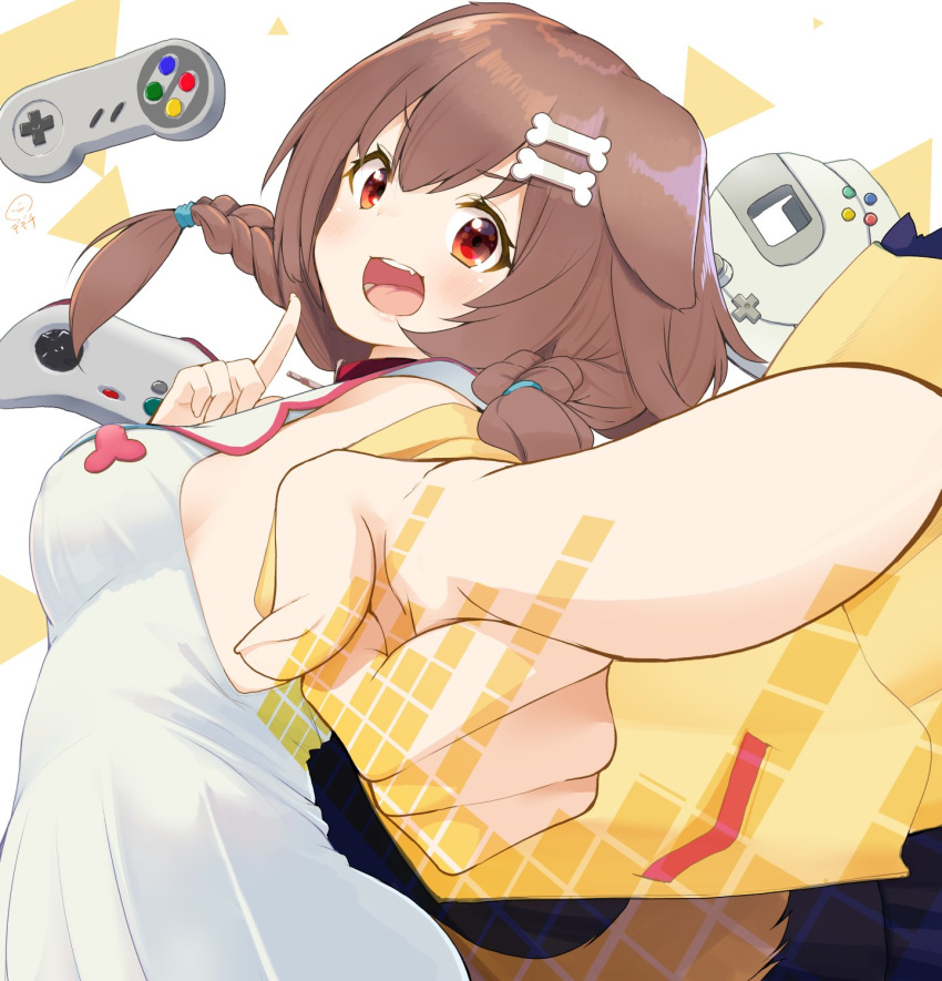 1girl animal_ears blush bone_hair_ornament braid breasts brown_hair commentary_request controller dog_ears foreshortening from_side game_console game_controller highres hololive inugami_korone long_hair looking_at_viewer medium_breasts nejime open_mouth pointing pointing_at_viewer red_eyes sega_dreamcast solo super_famicom_gamepad twin_braids upper_body