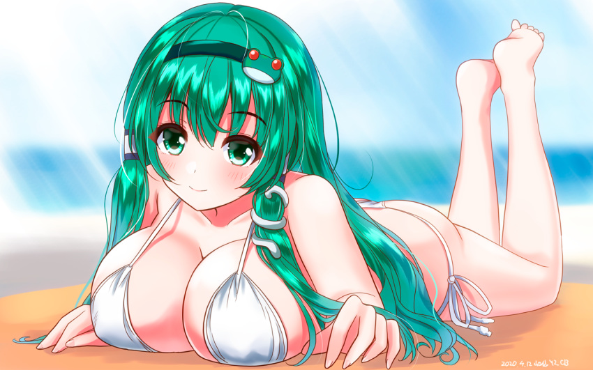 1girl barefoot bikini breasts closed_mouth collarbone commentary_request dated eyebrows_visible_through_hair fingernails frog_hair_ornament green_eyes green_hair hair_ornament kochiya_sanae large_breasts looking_at_viewer lying on_stomach side-tie_bikini smile snake_hair_ornament soles solo swimsuit touhou white_bikini yamaguchi_yuu