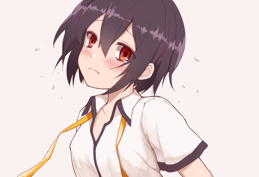 1girl ayanami_(warship_girls_r) bangs black_hair blush breasts collarbone commentary_request ero_mang-a hair_between_eyes highres looking_at_viewer red_eyes sad shirt short_hair short_sleeves simple_background small_breasts solo tearing_up warship_girls_r wavy_mouth white_background white_shirt