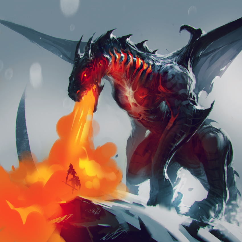 1other absurdres breathing_fire corpse death dragon fire glowing glowing_eyes gradient gradient_background grey_background highres holding holding_sword holding_weapon kalmahul original scenery snow sword torn_wings weapon western_dragon wings