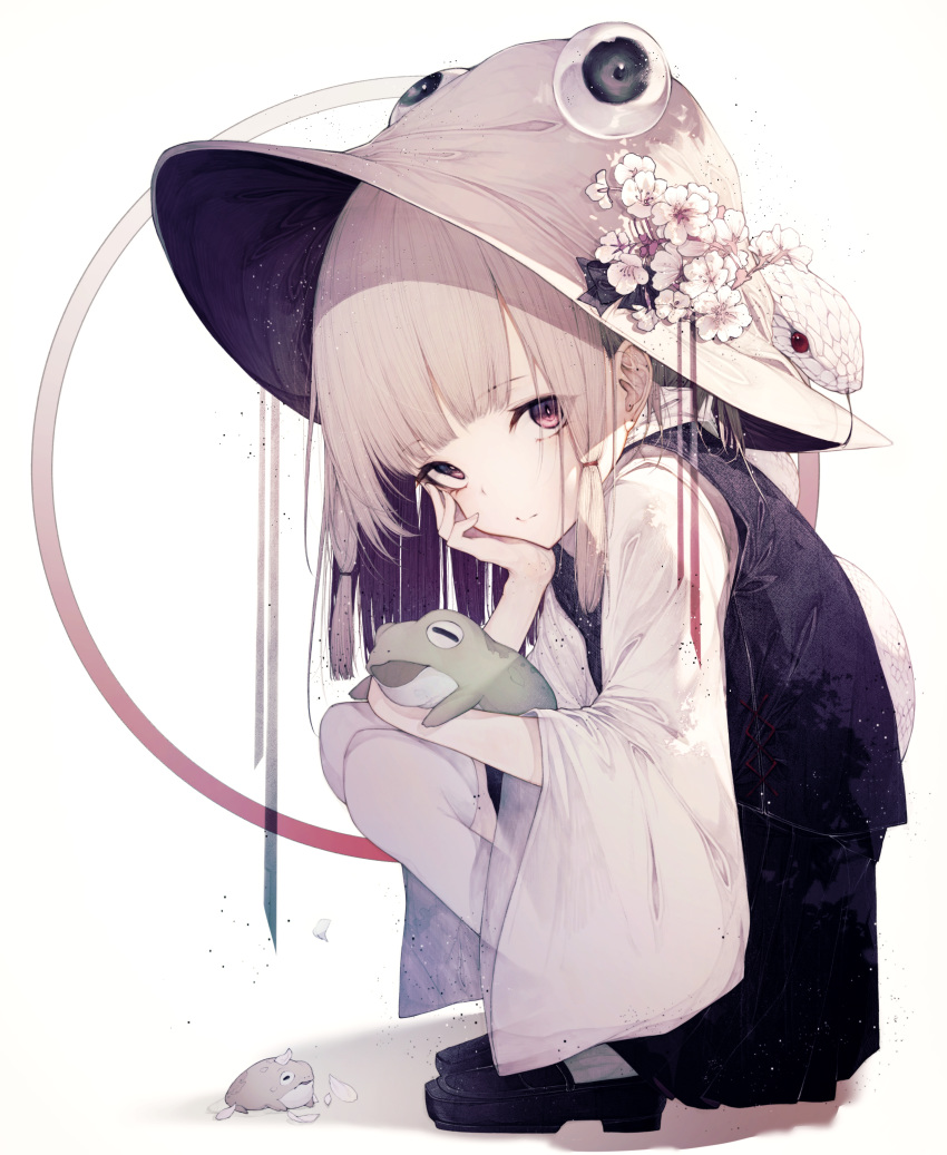 1girl absurdres animal black_footwear blonde_hair brown_headwear expressionless flower frog from_side full_body hat hat_flower head_rest highres hito_komoru huge_filesize long_hair looking_at_viewer moriya_suwako purple_skirt purple_vest red_eyes shirt shoes simple_background skirt skirt_set snake solo squatting thigh-highs touhou vest white_background white_flower white_legwear white_shirt white_snake