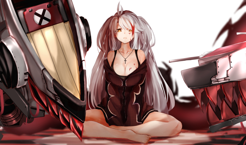 1girl alternate_costume antenna_hair azur_lane bangs black_shirt blood blood_on_face blush breasts cross cross_necklace eyebrows_visible_through_hair hair_between_eyes highres indian_style jewelry large_breasts long_hair looking_at_viewer monster multicolored_hair necklace prinz_eugen_(azur_lane) raru_(nanaharararu) redhead shirt silver_hair sitting sleeveless sleeveless_shirt solo streaked_hair turret two_side_up very_long_hair