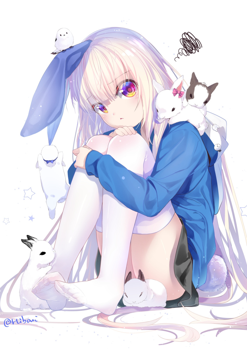 1girl :&lt; animal_ears animal_on_shoulder bangs bird black_skirt blonde_hair blue_jacket bunny_girl bunny_tail closed_mouth commentary_request eyebrows_visible_through_hair feet full_body hibari_hina highres hood hood_down hooded_jacket jacket knees_up leg_hug long_hair long_sleeves looking_at_viewer multicolored multicolored_eyes no_shoes original pleated_skirt rabbit rabbit_ears red_eyes see-through skirt soles solo squiggle star starry_background tail thigh-highs twitter_username very_long_hair violet_eyes white_background white_legwear