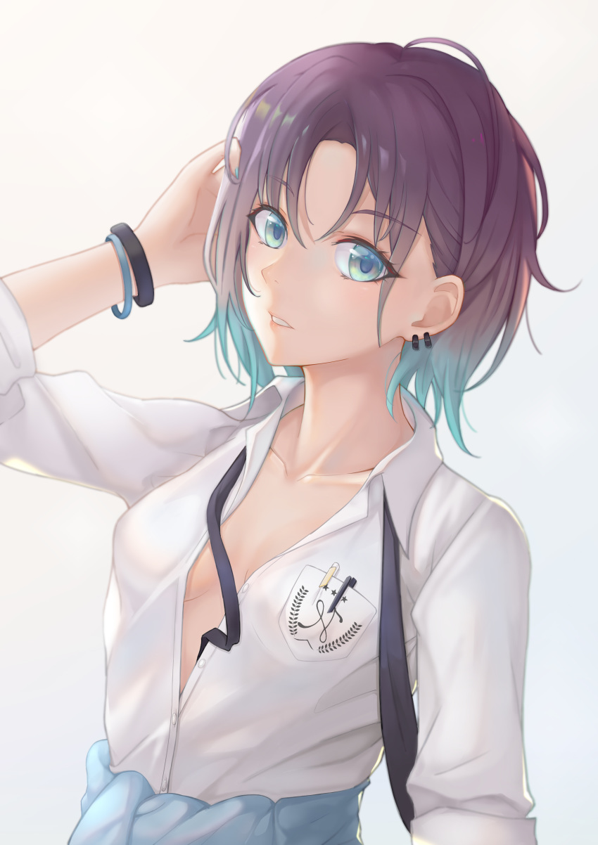 1girl absurdres aqua_eyes aqua_hair arm_up asakura_tooru bangs breast_pocket breasts collared_shirt dress_shirt eyebrows_visible_through_hair gradient_hair highres idolmaster idolmaster_shiny_colors long_sleeves looking_at_viewer multicolored_hair no_bra open_clothes open_shirt parted_bangs parted_lips partially_unbuttoned pen pocket purple_hair school_uniform shirt short_sleeves simple_background small_breasts smile solo upper_body white_background white_shirt wristband xixing_si_yao_meng