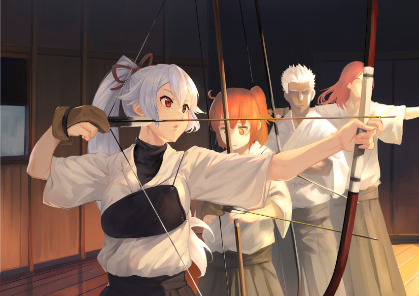 "o 2girls 2oys albino archery archery_dojo arrow bow breastplate character_request dark-skin fate/grand_order fate_(series) highres japanese_clothes japanese_house jhc_kai long_hair multiple_girls orange_eyes pale_skin ponytail red_eyes redhead short_hair side_ponytail tomoe_gozen_(fate/grand_order) white=hair