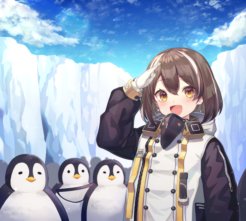 1girl :d absurdres animal arknights arm_up bangs beak_mask bird blue_sky blush brown_eyes brown_hair clouds commentary_request day earrings eyebrows_visible_through_hair glint gloves hair_between_eyes highres ice jacket jewelry long_sleeves looking_at_viewer magallan_(arknights) mask_around_neck multicolored_hair nam open_mouth outdoors penguin salute sky smile solo streaked_hair upper_body white_gloves white_hair white_jacket
