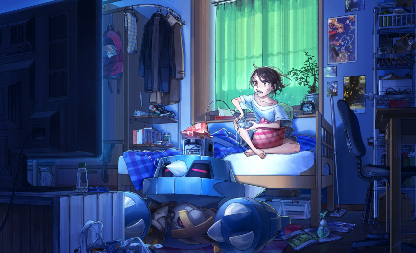 1girl alarm_clock bag bangs barefoot bedroom bookbag bottle brown_eyes brown_hair chair chest_of_drawers clock clothes_hanger coat commentary controller curtains desk game_console game_controller gamecube gamecube_controller gen_3_pokemon grocery_bag hair_ornament hairclip holding_controller holding_game_controller indian_style indoors messy_room metagross metang mouth_hold narumiya_(040miya) nose_bubble office_chair on_bed pillow plant pokemon pokemon_(creature) poster_(object) potion shirt shoes shoes_removed shopping_bag short_hair short_sleeves shorts sitting sleeping sneakers spray_bottle swept_bangs t-shirt television white_shirt window yuuki_(pokemon)