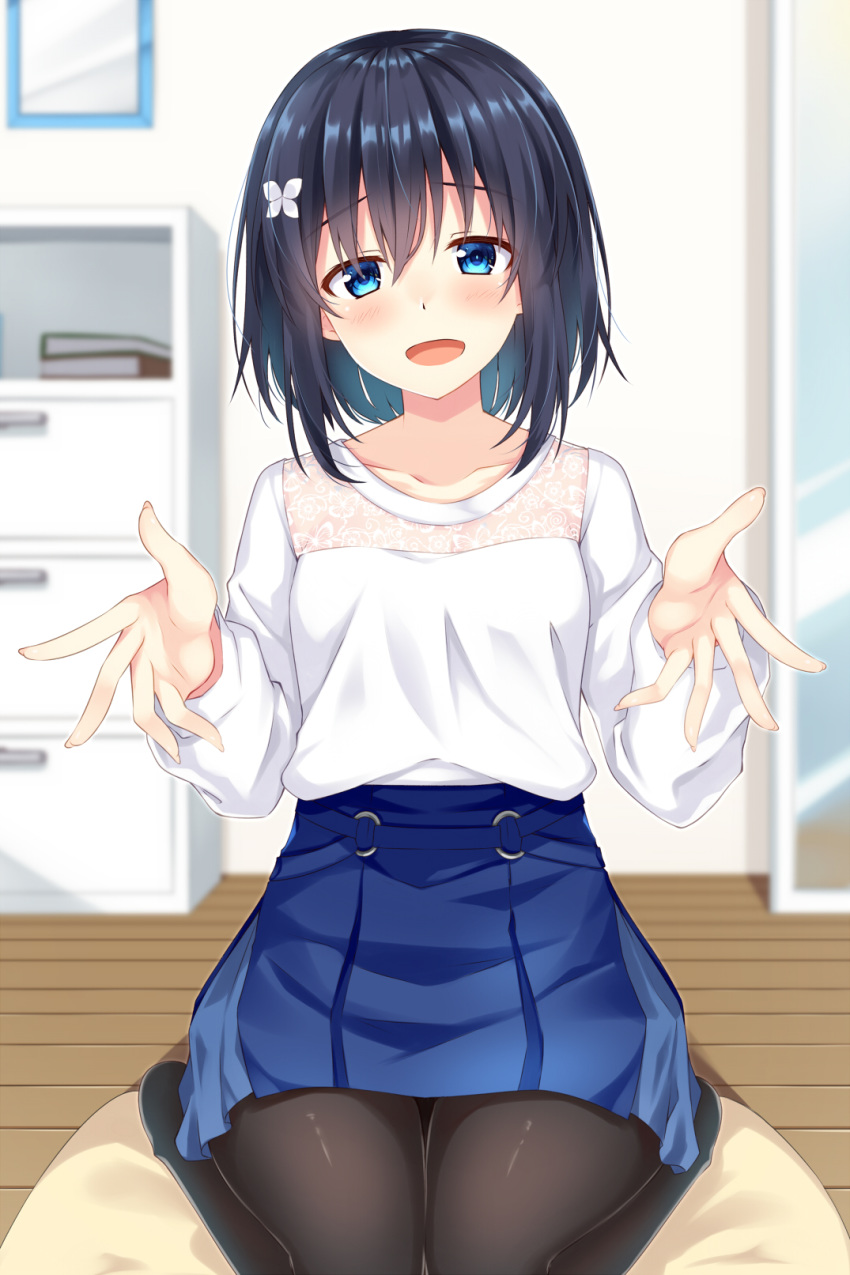 1girl :d bangs black_hair black_legwear blue_eyes blue_skirt blurry blurry_background breasts butterfly_hair_ornament collarbone commentary_request depth_of_field eyebrows_visible_through_hair hair_between_eyes hair_ornament hands_up highres indoors komori_kuzuyu long_sleeves mirror no_shoes o-ring o-ring_bottom open_mouth original pantyhose pleated_skirt reflection rivier_(kuzuyu) shirt skirt small_breasts smile solo white_shirt wooden_floor