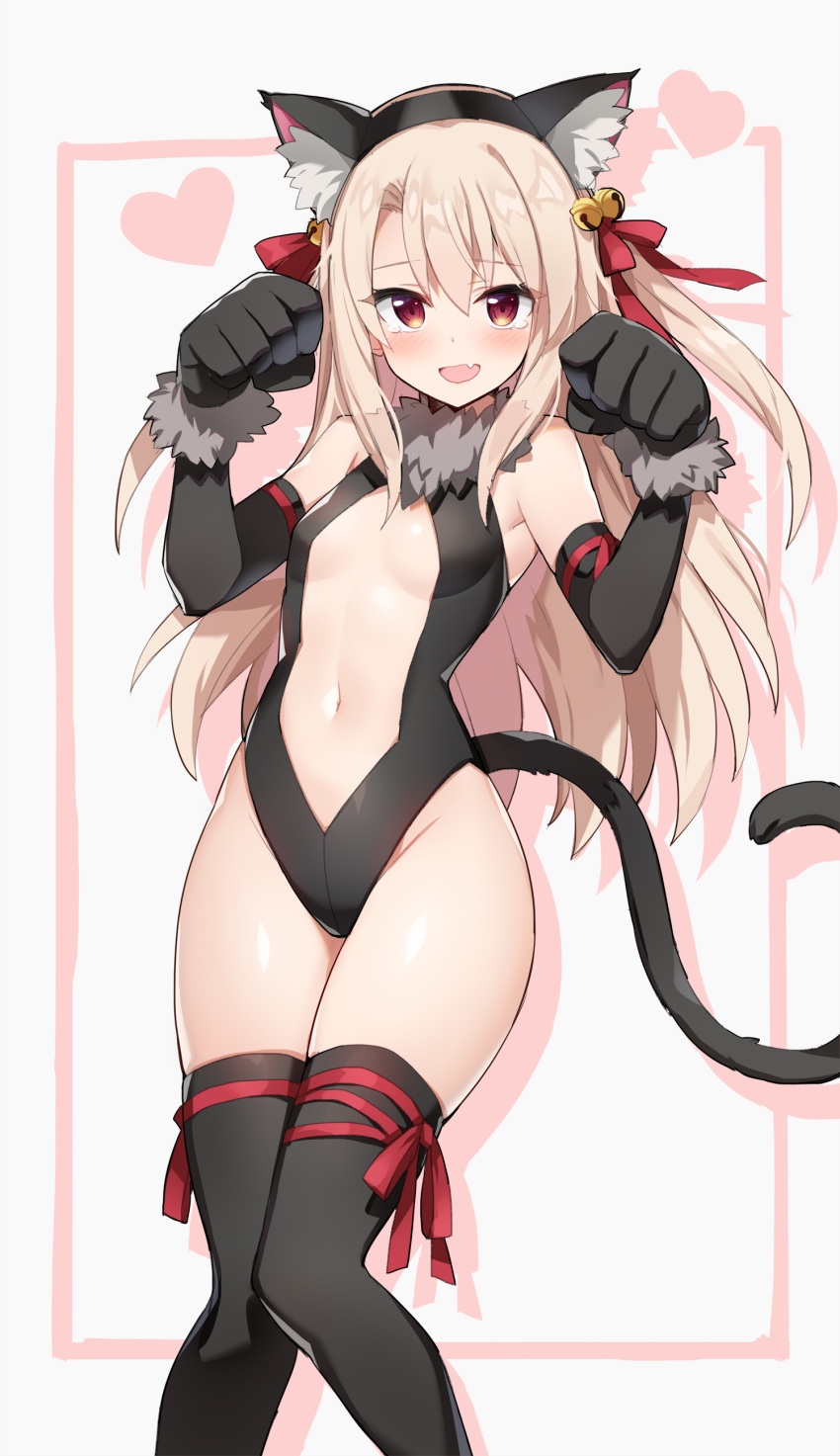 1girl :d absurdres animal_ear_fluff animal_ears bangs bare_shoulders bell black_gloves black_hairband black_legwear black_leotard black_sleeves blush bow breasts cat_ears cat_tail center_opening colored_shadow commentary_request detached_sleeves drop_shadow eyebrows_visible_through_hair fake_animal_ears fang fate/kaleid_liner_prisma_illya fate_(series) feet_out_of_frame fur_trim gloves grey_background hair_bell hair_between_eyes hair_bow hair_ornament hairband hands_up heart highres illyasviel_von_einzbern jingle_bell knees_together_feet_apart leotard light_brown_hair long_hair long_sleeves looking_at_viewer navel open_mouth paw_gloves paws red_bow red_eyes serin199 shadow small_breasts smile solo tail thigh-highs two_side_up very_long_hair