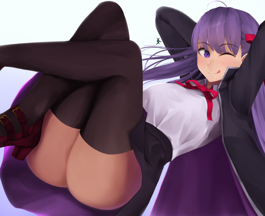 1girl arms_behind_head arms_up ass bangs bb_(fate)_(all) bb_(fate/extra_ccc) black_coat black_legwear blush breasts closed_mouth coat eko.art fate/extra fate/extra_ccc fate_(series) gloves hair_ribbon high-waist_skirt highres knees_up large_breasts leotard licking_lips long_hair long_sleeves looking_at_viewer neck_ribbon purple_hair red_ribbon ribbon skirt smile solo thighs tongue tongue_out very_long_hair violet_eyes white_gloves white_leotard