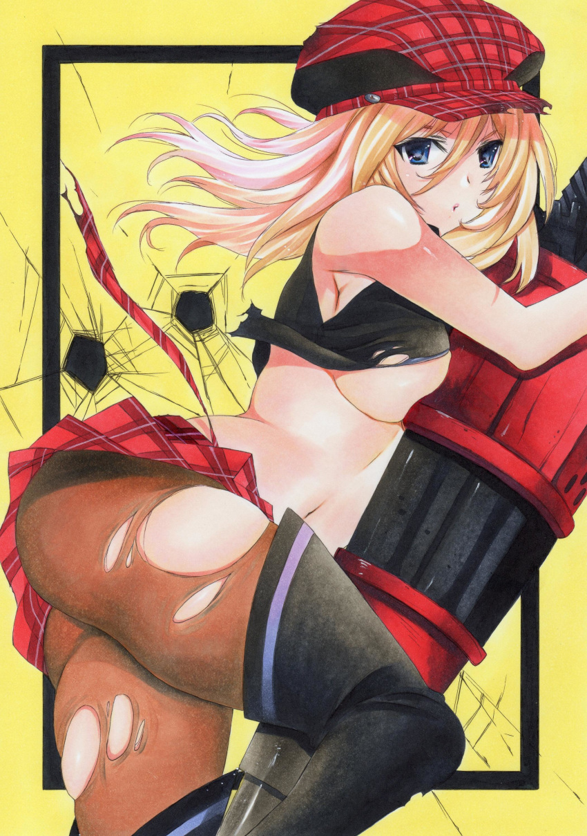 1girl absurdres alisa_ilinichina_amiella bangs bare_shoulders black_footwear blonde_hair blue_eyes boots breasts commentary_request god_eater hat highres holding lips long_hair looking_at_viewer medium_breasts midriff miniskirt nauz4224 pantyhose red_skirt shiny shiny_skin simple_background skirt solo thigh-highs thigh_boots torn_clothes torn_legwear traditional_media weapon