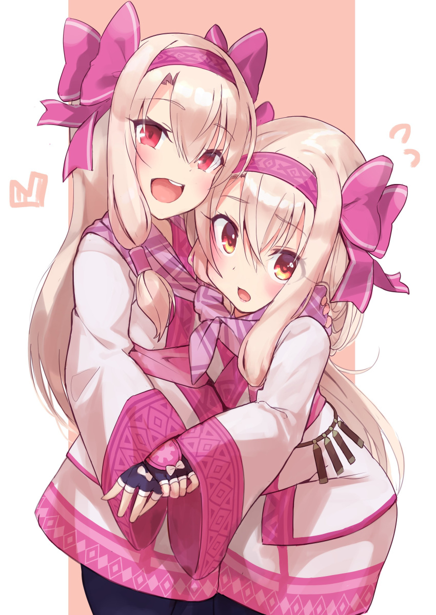 2girls absurdres ainu_clothes bow cosplay dual_persona fate/grand_order fate/kaleid_liner_prisma_illya fate/stay_night fate_(series) fingerless_gloves fur_trim gloves hairband highres illyasviel_von_einzbern japanese_clothes kimono long_hair multiple_girls p_answer pink_hairband prisma_illya purple_bow purple_gloves purple_hairband purple_scarf red_eyes scarf short_kimono sitonai sitonai_(cosplay) solo white_kimono