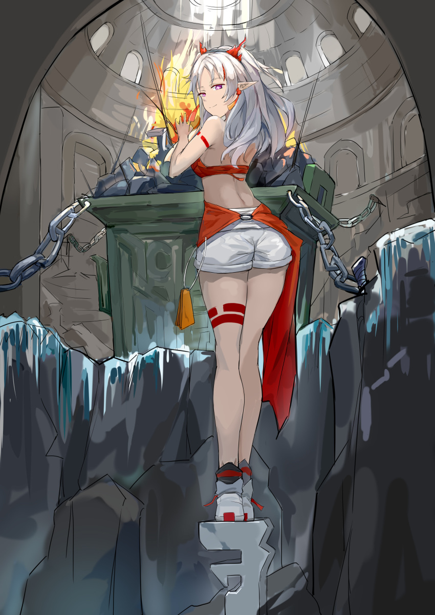 1girl absurdres arknights ass back bandeau bangs bare_legs body_markings breasts chain dragon_horns earrings fire from_behind full_body hairband highres horns indoors jewelry light_smile long_hair looking_at_viewer looking_back medium_breasts multicolored_hair nian_(arknights) o-ring parted_bangs please6 pointy_ears redhead sarong shoes short_shorts shorts silver_hair solo strapless streaked_hair sunlight tassel_earrings tubetop two-tone_hair violet_eyes white_footwear white_shorts