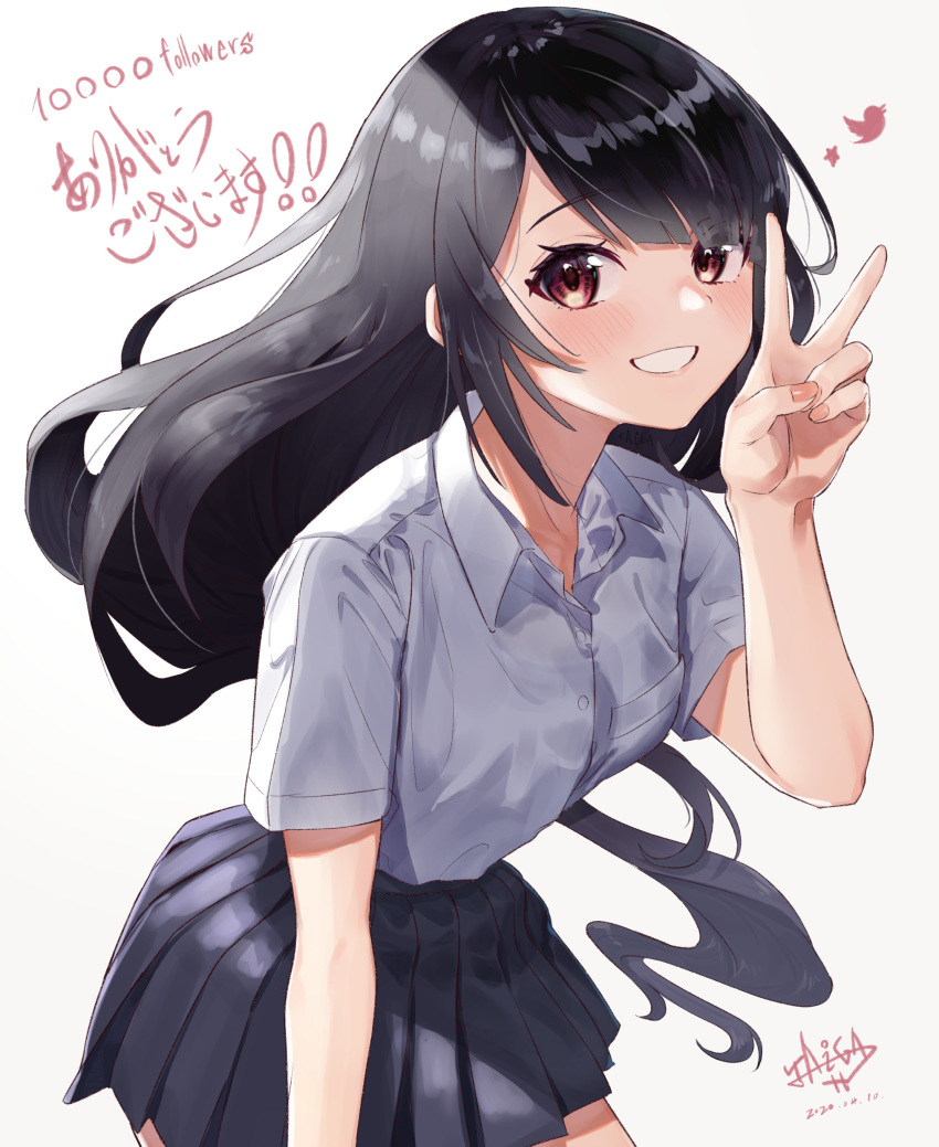 1girl :d absurdres bangs black_hair black_skirt blush breast_pocket collared_shirt commentary_request dated dress_shirt fingernails grin hand_up highres leaning_forward long_hair looking_at_viewer miniskirt open_mouth original pleated_skirt pocket red_eyes school_uniform shirt short_sleeves signature simple_background skirt smile solo star taiga_(ryukyu-6102-8) teeth translation_request v very_long_hair white_background wing_collar