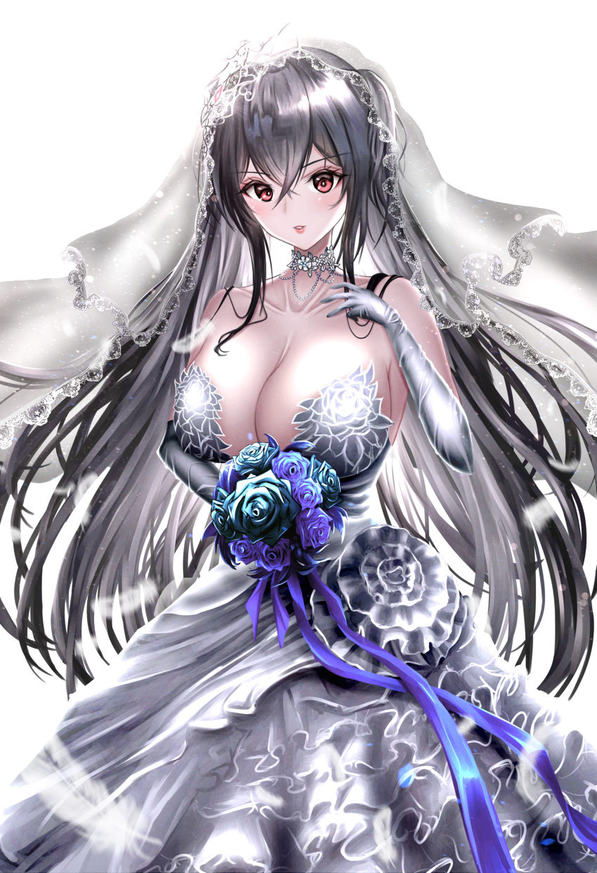 1girl aqua_flower azur_lane bare_shoulders black_hair blue_flower blue_ribbon blush bouquet breasts bridal_veil bride dress elbow_gloves eyebrows_visible_through_hair flower gloves gradient_dress grey_dress hair_between_eyes hair_ornament highres hikagen_yoshio huge_breasts jewelry long_hair looking_at_viewer red_eyes ribbon simple_background smile solo taihou_(azur_lane) taihou_(kantai_collection) veil wedding_dress white_background white_dress