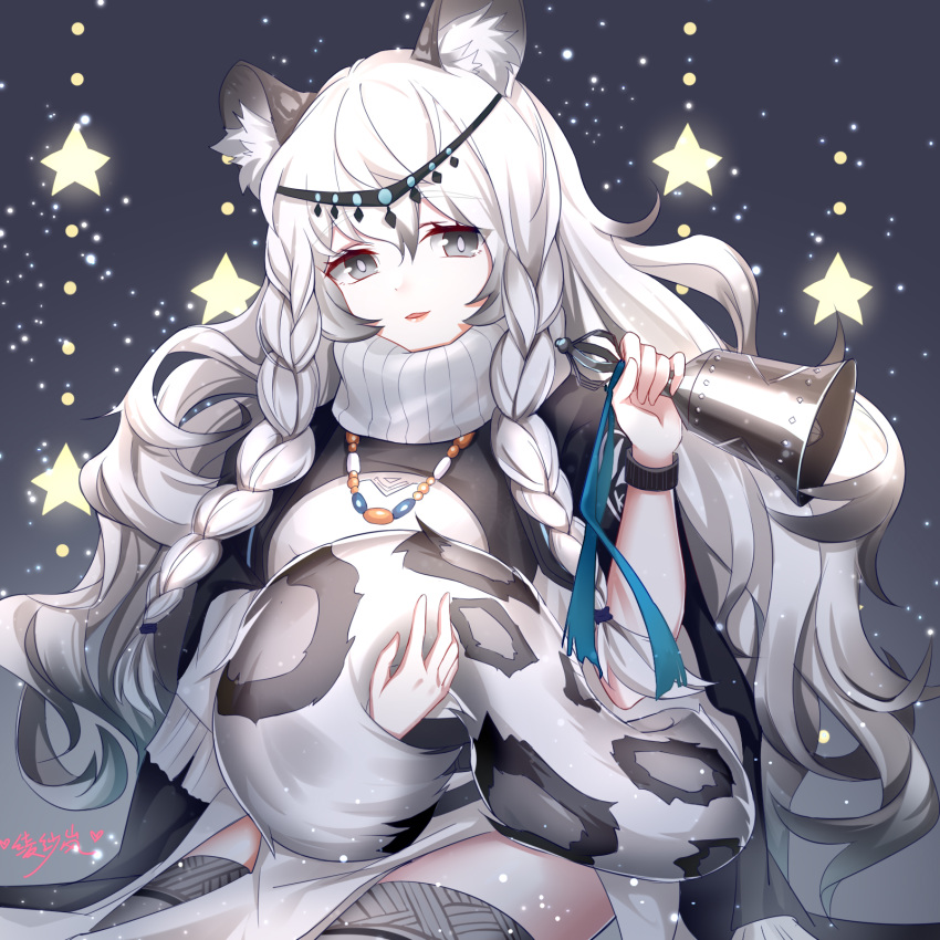 1girl animal_ear_fluff animal_ears arknights bangs bead_necklace beads bell black_cape cape chinese_commentary commentary_request dress eyebrows_visible_through_hair gradient gradient_background grey_background grey_eyes grey_legwear hair_between_eyes hand_up head_chain highres holding holding_bell jewelry lanelise leopard_ears leopard_tail light_particles long_hair looking_at_viewer necklace parted_lips pramanix_(arknights) silver_hair smile solo star tail thigh-highs turtleneck_dress white_dress wristband