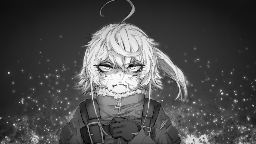 1girl absurdres ahoge alma01 black_gloves blood blood_from_mouth gloves greyscale highres jacket long_sleeves looking_at_viewer monochrome parted_lips sketch solo sweat tanya_degurechaff upper_body youjo_senki