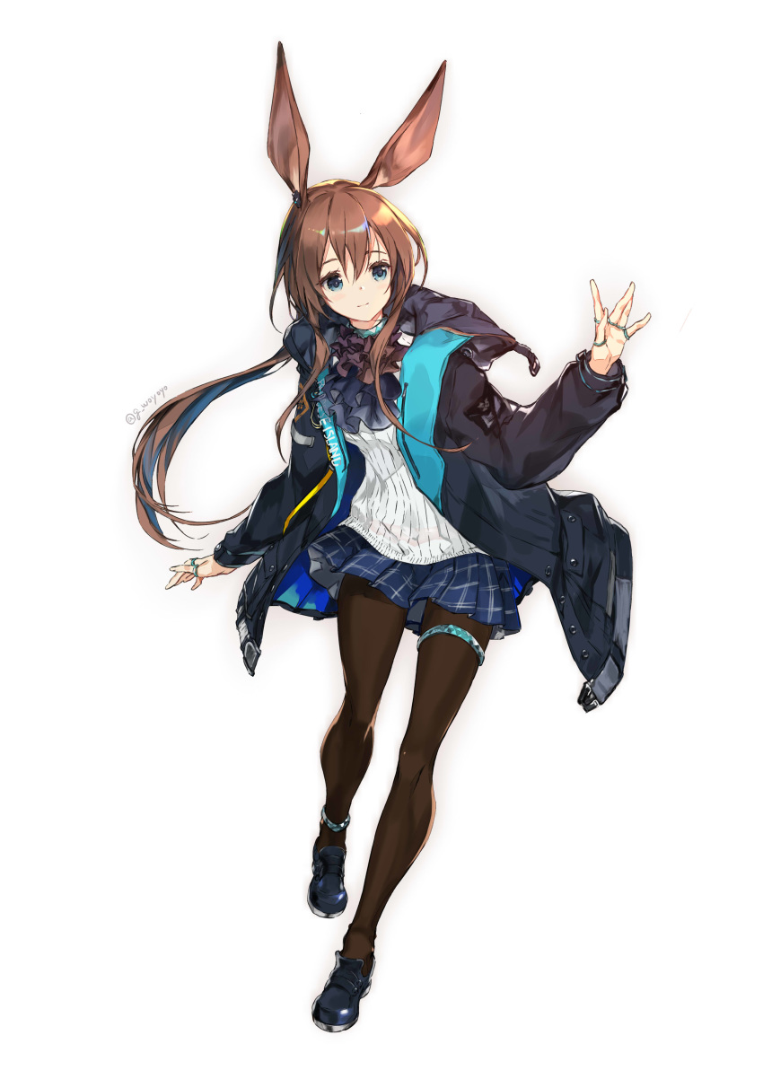 1girl absurdres amiya_(arknights) animal_ears arknights artist_name bangs black_footwear black_jacket black_legwear blue_eyes blue_neckwear blue_skirt brown_hair commentary_request full_body gin_(oyoyo) hair_between_eyes hand_up highres jacket jewelry light_smile long_hair long_sleeves looking_at_viewer low_ponytail miniskirt open_clothes open_jacket pantyhose partial_commentary plaid plaid_skirt pleated_skirt rabbit_ears ribbed_shirt ring shirt shoes simple_background skirt solo thighlet twitter_username white_background white_shirt