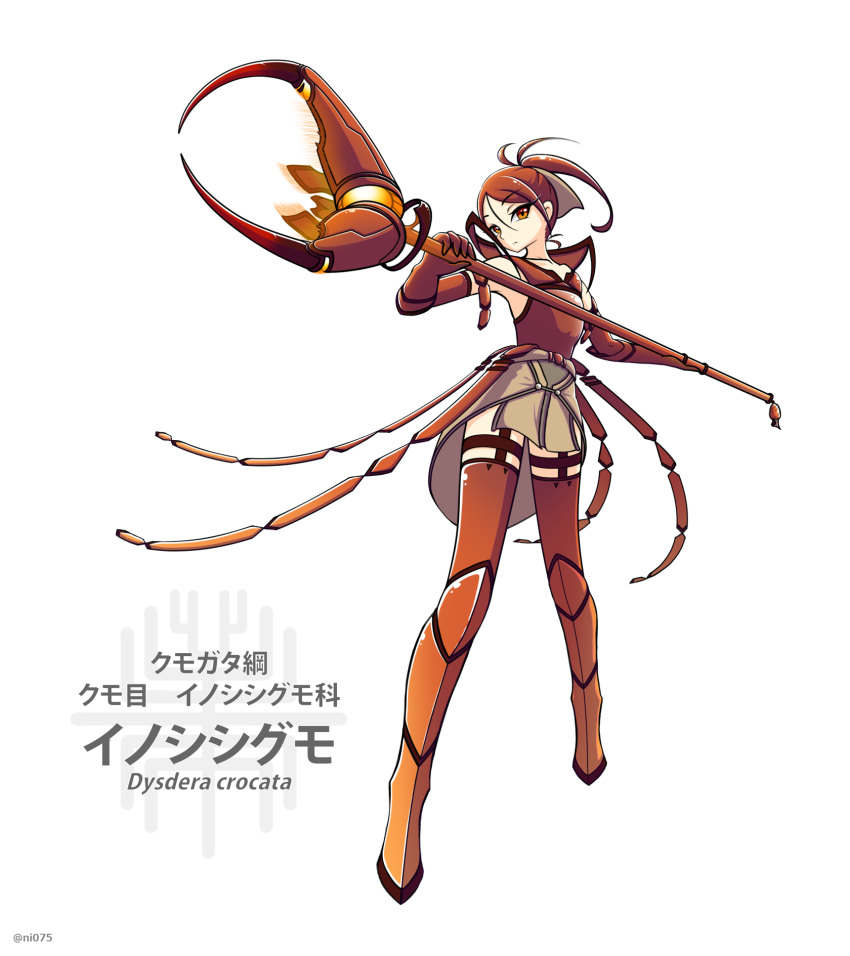 1girl brown_hair carapace commentary_request elbow_gloves expressionless eyebrows_visible_through_hair full_body gloves high_collar highres holding holding_staff insect_girl jun075 looking_at_viewer orange_eyes original personification ponytail solo staff thigh-highs white_background