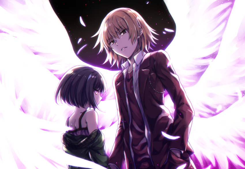 1boy 1girl angel_wings bangs bare_shoulders black_hair bob_cut brown_hair brown_suit coat dress dress_shirt expressionless feathers formal from_behind from_below glowing green_coat height_difference jacket kakine_teitoku looking_at_viewer looking_back medium_hair night night_sky off_shoulder open_clothes open_shirt parted_lips pink_dress red_sweater shirt short_hair sky sleeveless sleeveless_dress suit sweater tachitsu_teto to_aru_kagaku_no_dark_matter to_aru_majutsu_no_index upper_body violet_eyes white_feathers white_shirt white_wings wings yuzuriha_ringo