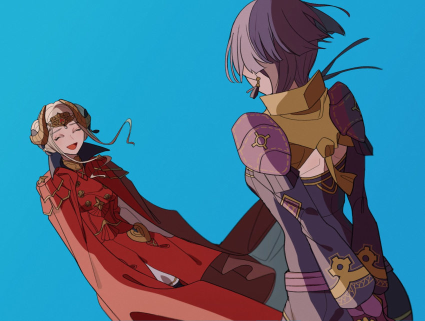 2girls arms_behind_back bernadetta_von_varley blue_background cape closed_eyes earrings edelgard_von_hresvelg fire_emblem fire_emblem:_three_houses from_behind gloves headpiece horns jewelry long_sleeves multiple_girls open_mouth pikapika_hoppe purple_hair simple_background white_hair